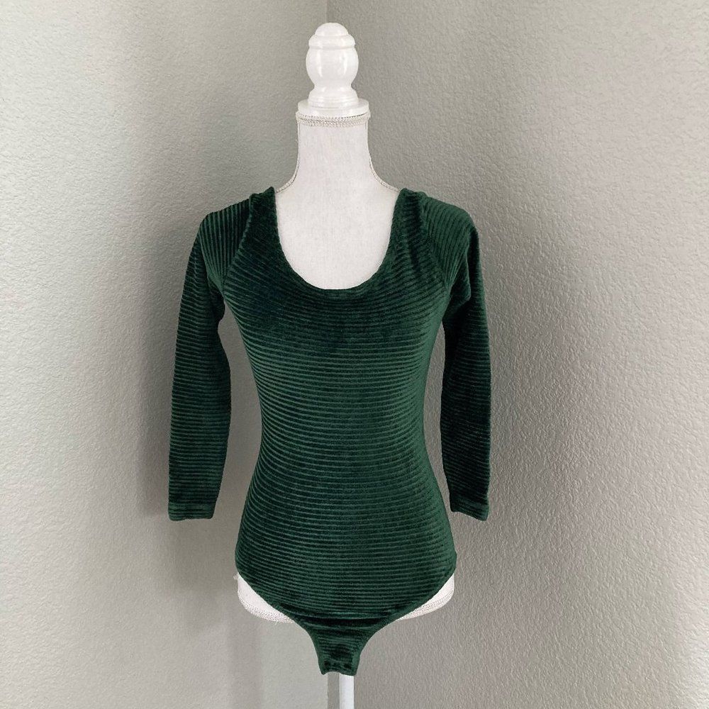 Victoria's Secret Gold Label Vintage  Green Long Sleeve Velvet Bodysuit Small